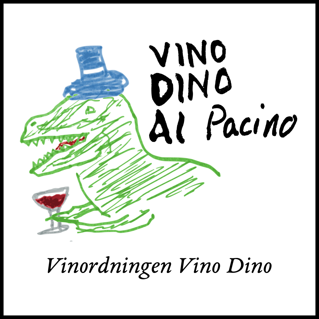 Vino Dino-logoet: En dinosaur med en blå hat som holder et glas rødvin og teksten "Vino Dino Al Pacino" samt den yderligere tekst "Vinordningen Vino Dino"
